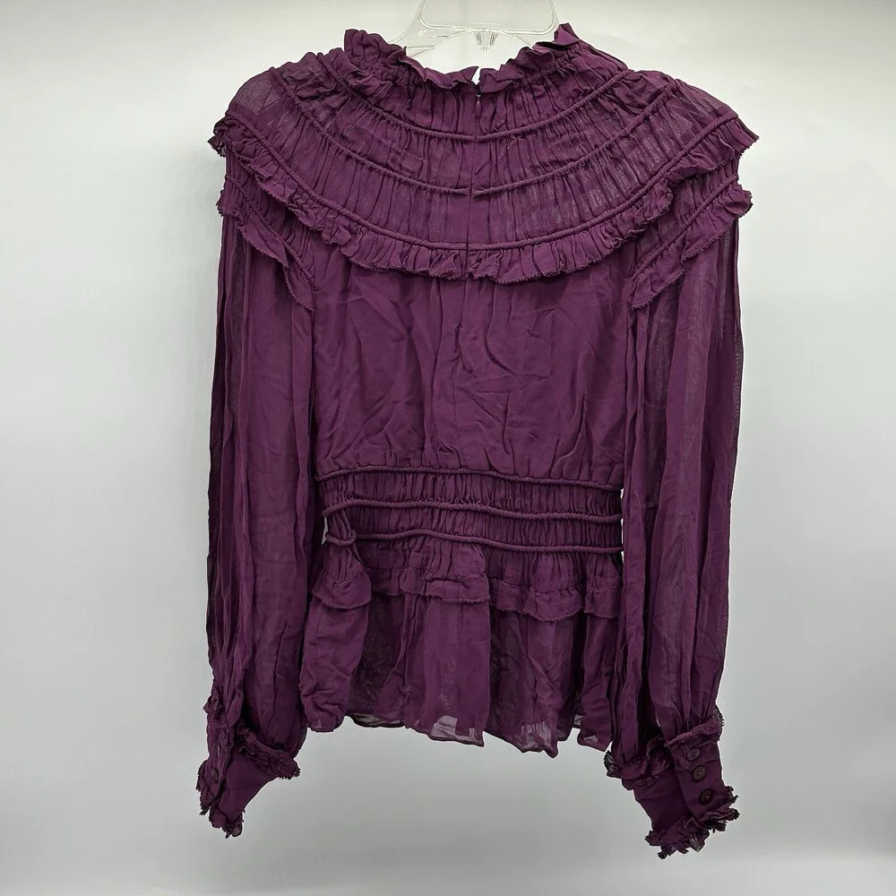 Farm Rio Size XXS Purple Smocked Long Sleeve Mock Neck Ruffled Peplum Top NWOT - Picture 8 of 13